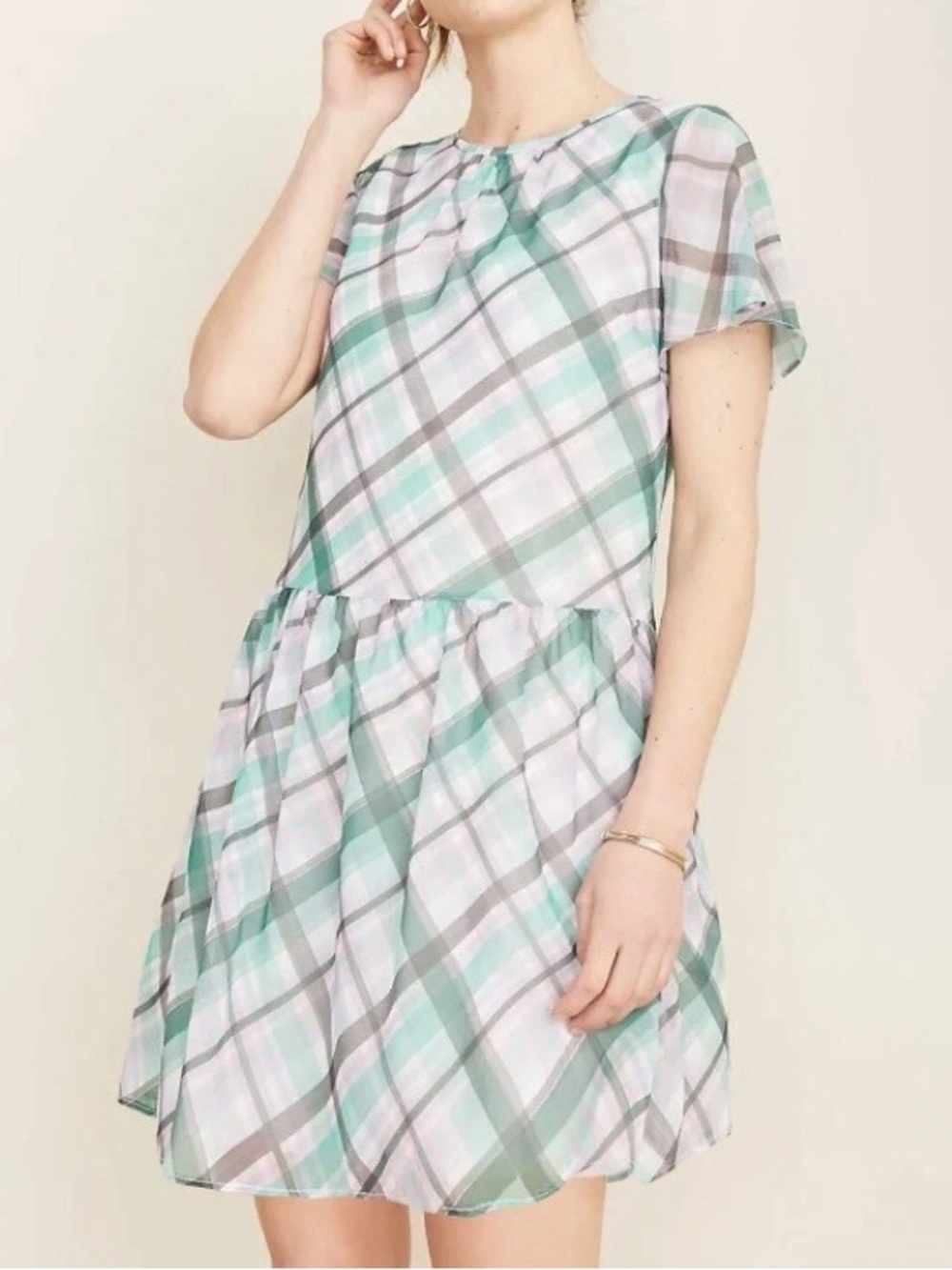 Ann Taylor Green Pink Plaid Drop Waist Short Sleeve chiffon lightweight Dress 8
